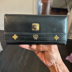 MCM Black Wallet with Gold Details